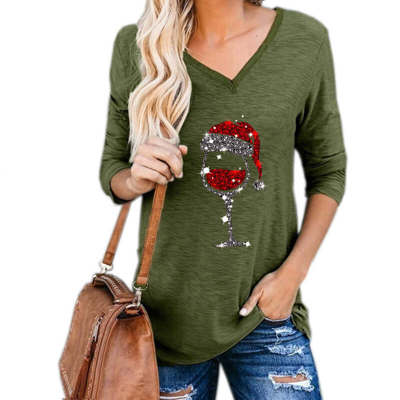 plus size Christmas wine glass top Women Clothing in green with a sparkly wine glass design