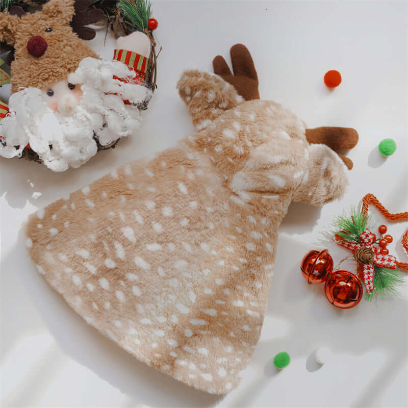 Christmas Pet Clothing Elk Cape Cloak in brown dot design with antlers, perfect holiday outfit for pets.