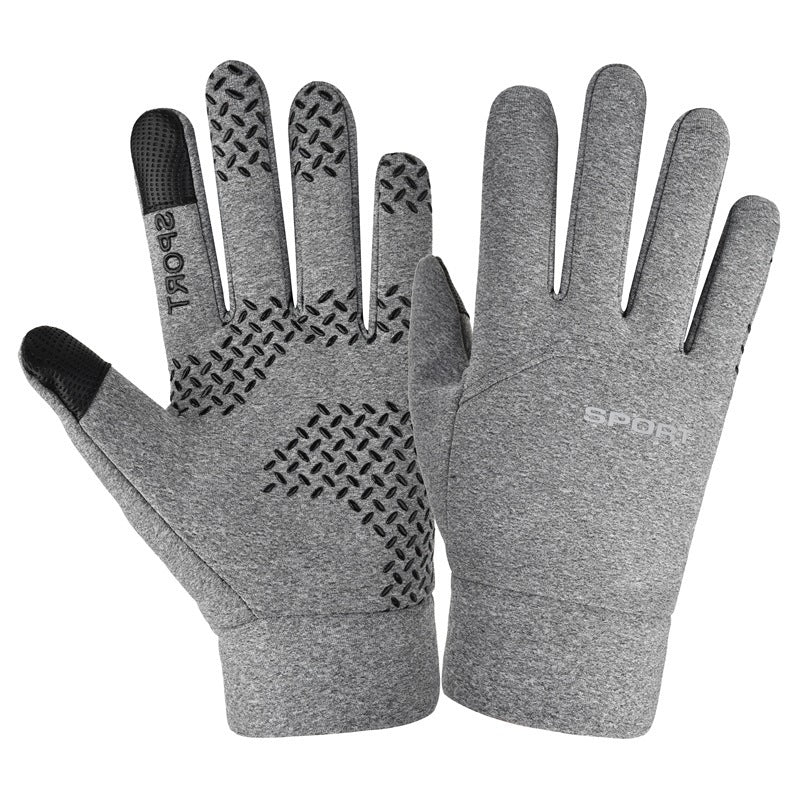 Windproof Waterproof Velvet Warm Waterproof Cycling Non-slip Full Finger Gloves in gray color.