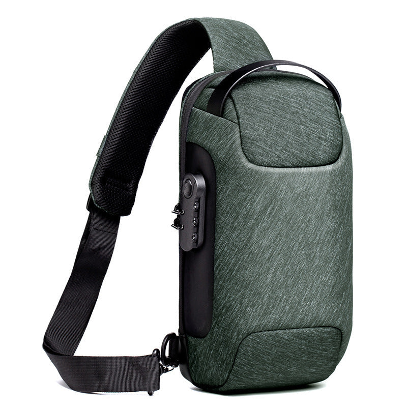 antitheft money shoulder bag Chest Bag Pack For Male in stylish green fabric design, perfect for travel and outdoor use.
