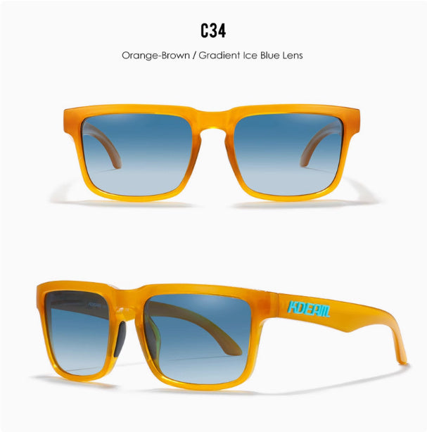 Men And Women Dazzling Color Polarized Sunglasses in orange-brown with gradient ice blue lenses, stylish eyewear for summer.