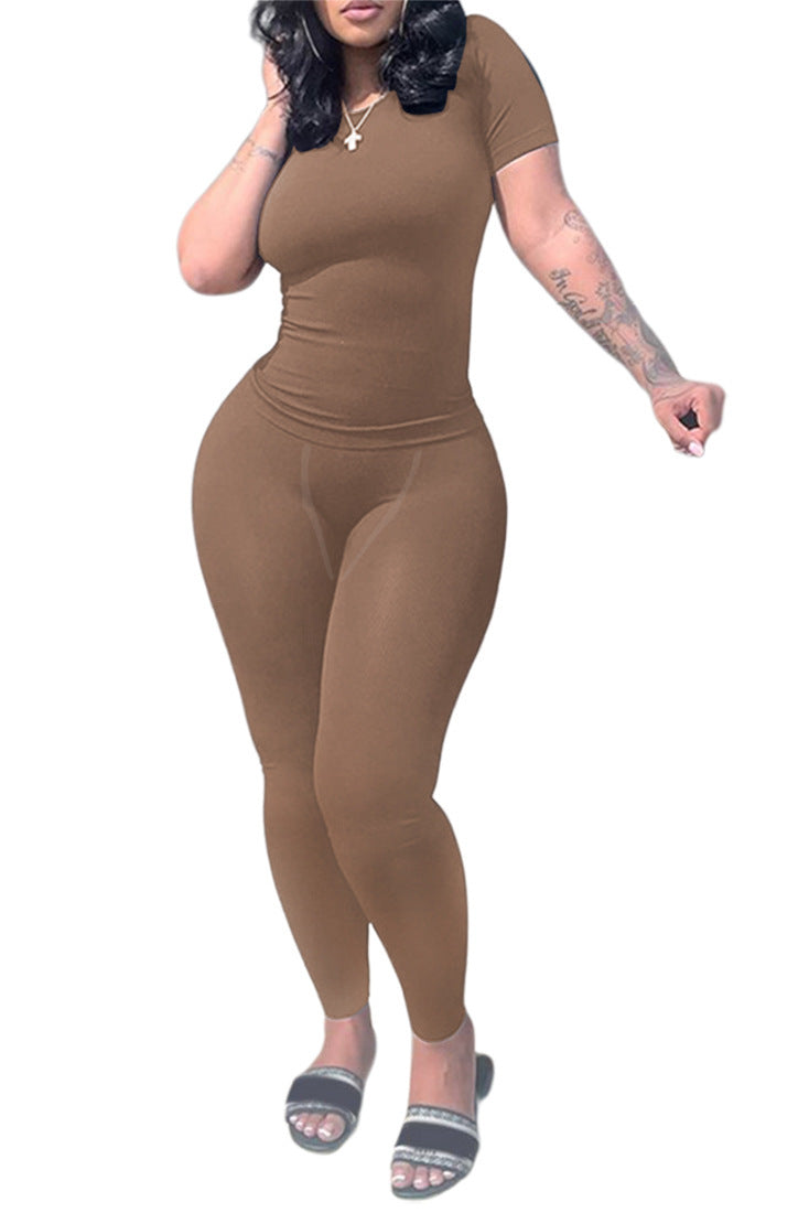 Short Sleeved Pants in brown, featuring short sleeves and form-fitting long pants, perfect for casual or light sport activities.