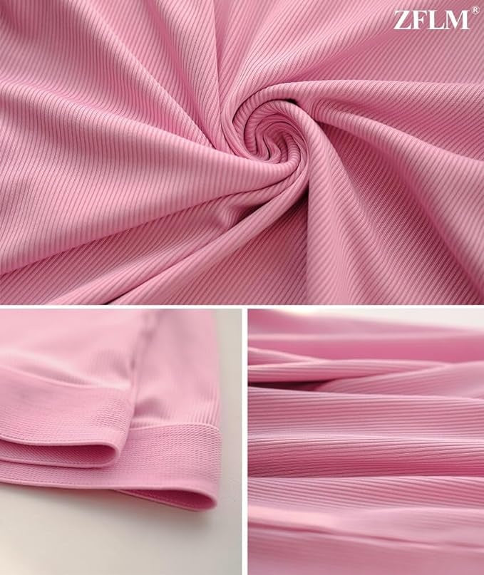 Close-up view of pink pit stripe fabric for Short Sleeved Pants showcasing texture and quality.