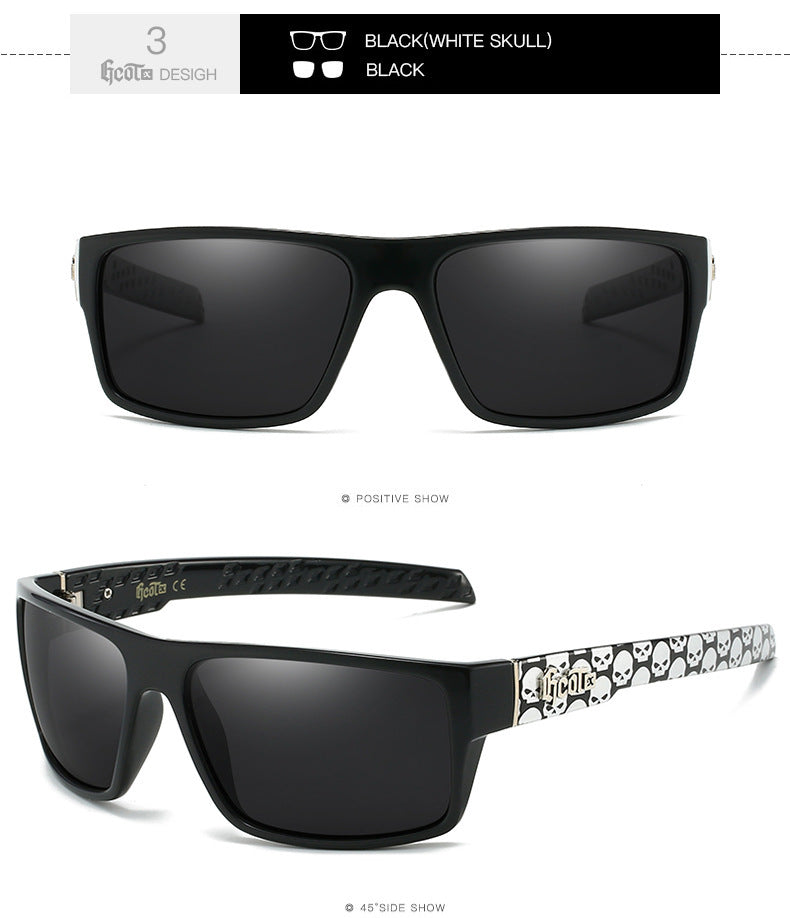 Hip Hop Fashion West Coast Polarized Sunglasses in black with white skull design for stylish travel and parties.