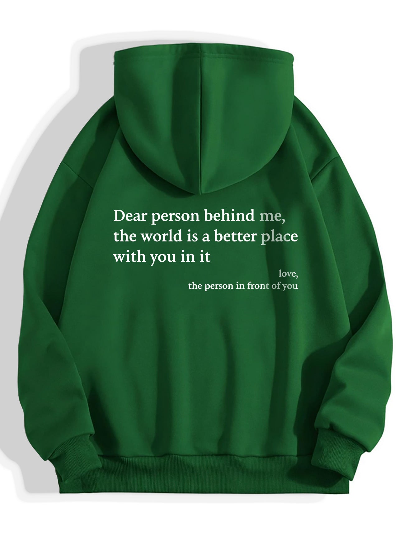 printed hoodie with pockets in green, featuring inspirational text on the back, perfect for casual wear.
