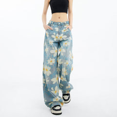 New Summer Printed Floral Wide-leg Washed Jeans For Women in blue, casual style with floral print and wide leg design.