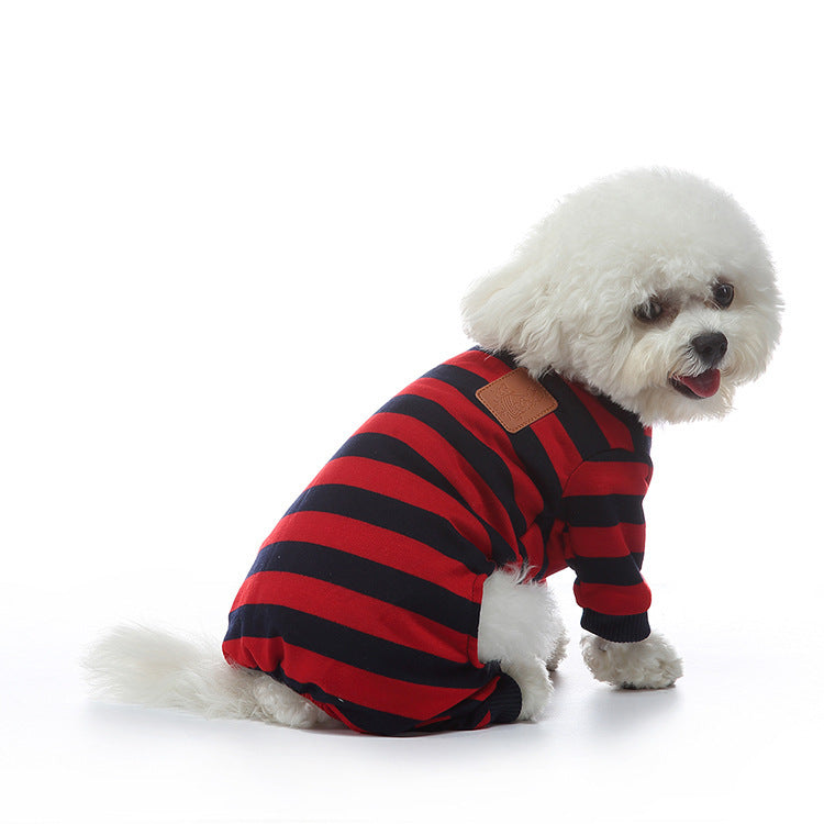 Fashion Personality Home Dog Clothes in red and blue stripes, perfect for a stylish pet outfit.