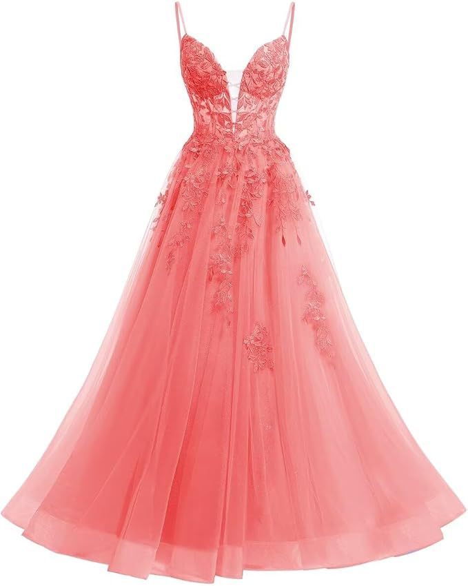 Women's Spaghetti Strap Tulle Long Applique Lace Dress With Long Dress