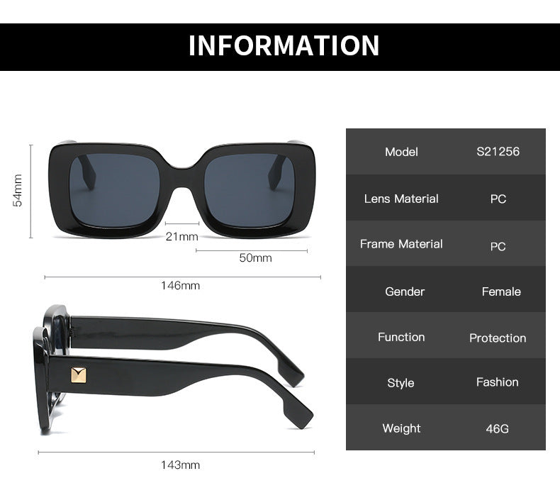 New Retro Square Large Frame Sunglasses Men And Women Trendy information image with dimensions and features.