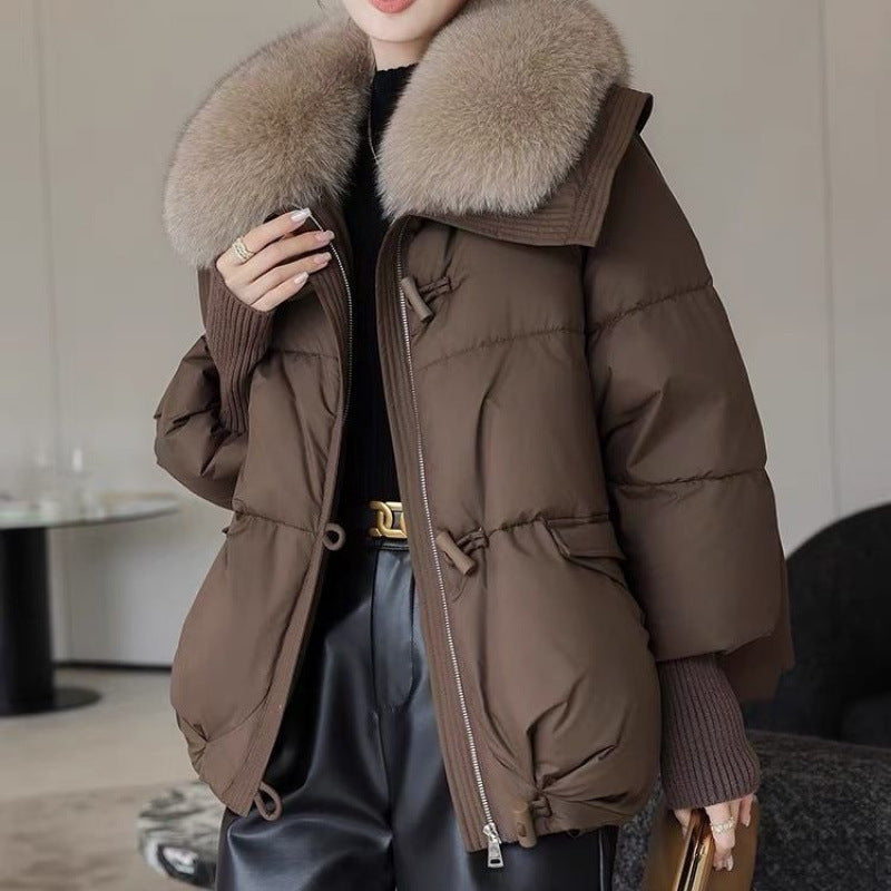 Down Cotton-padded Jacket Women's Short Fur Collar Thickened Coat in brown, featuring a stylish design and comfortable material.