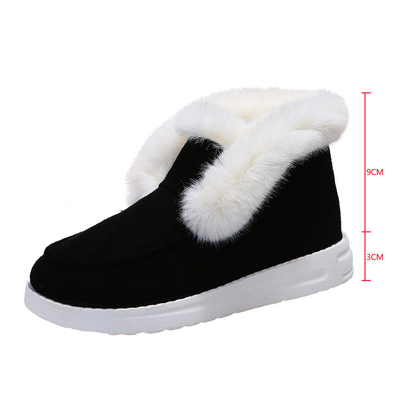 women's winter snow boots Plush Flat Thickened warm in black with white plush lining and rubber sole