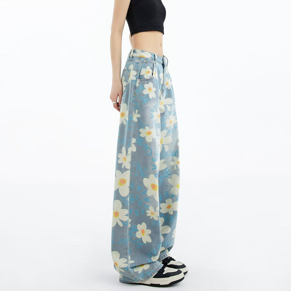 New Summer Printed Floral Wide-leg Washed Jeans For Women, featuring a casual style and medium thickness in blue.