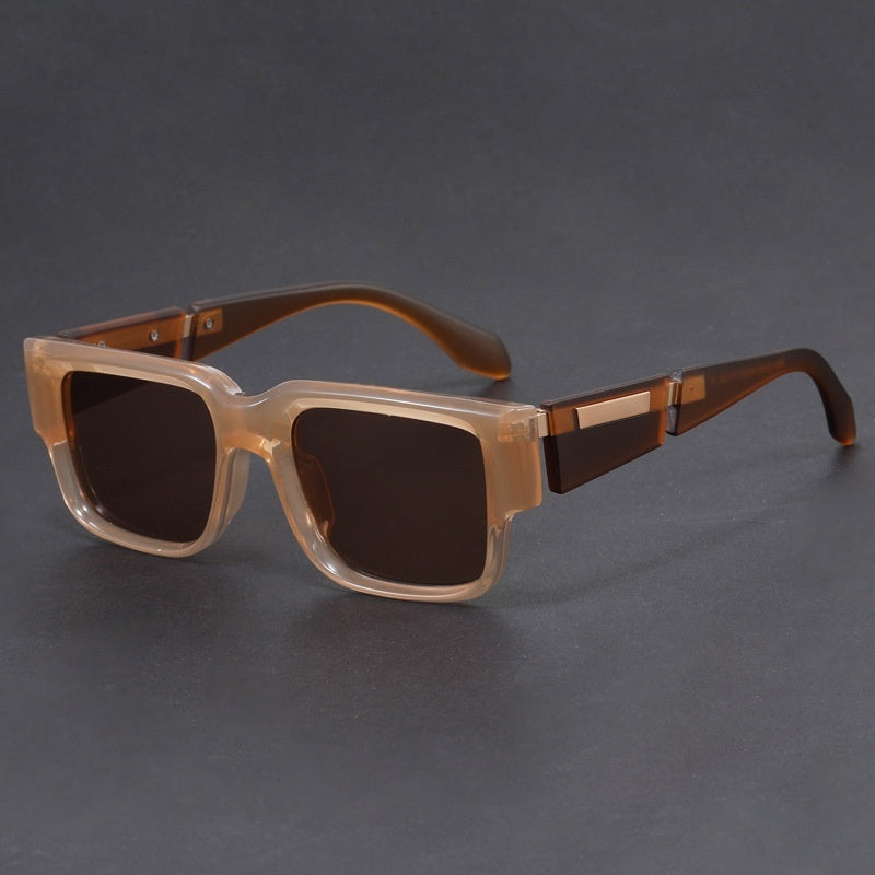 Gray Blue Square Thick Frame Sunglasses UV-proof Retro Simple Sun Glasses on display with brown lenses.