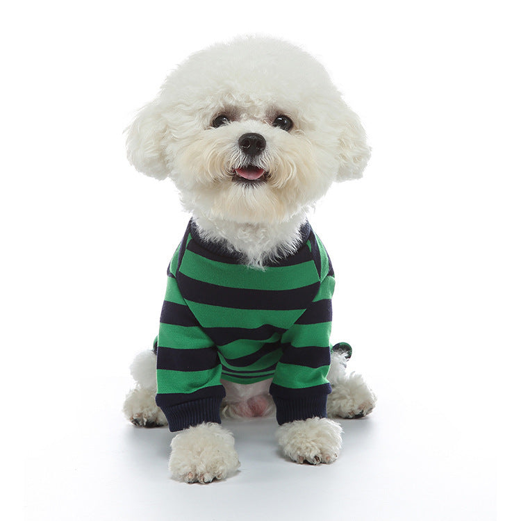 Fashion Personality Home Dog Clothes in green and navy stripes on a fluffy white dog.
