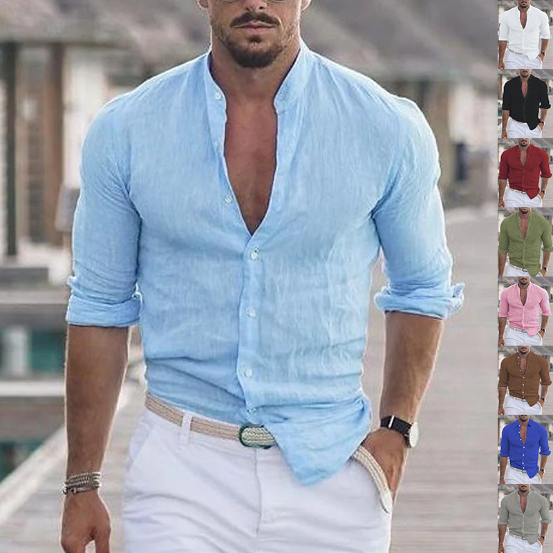 Men's Long Sleeve Shirt With Button Casual Solid Color Tops For Spring Autumn in light blue with rolled-up sleeves.