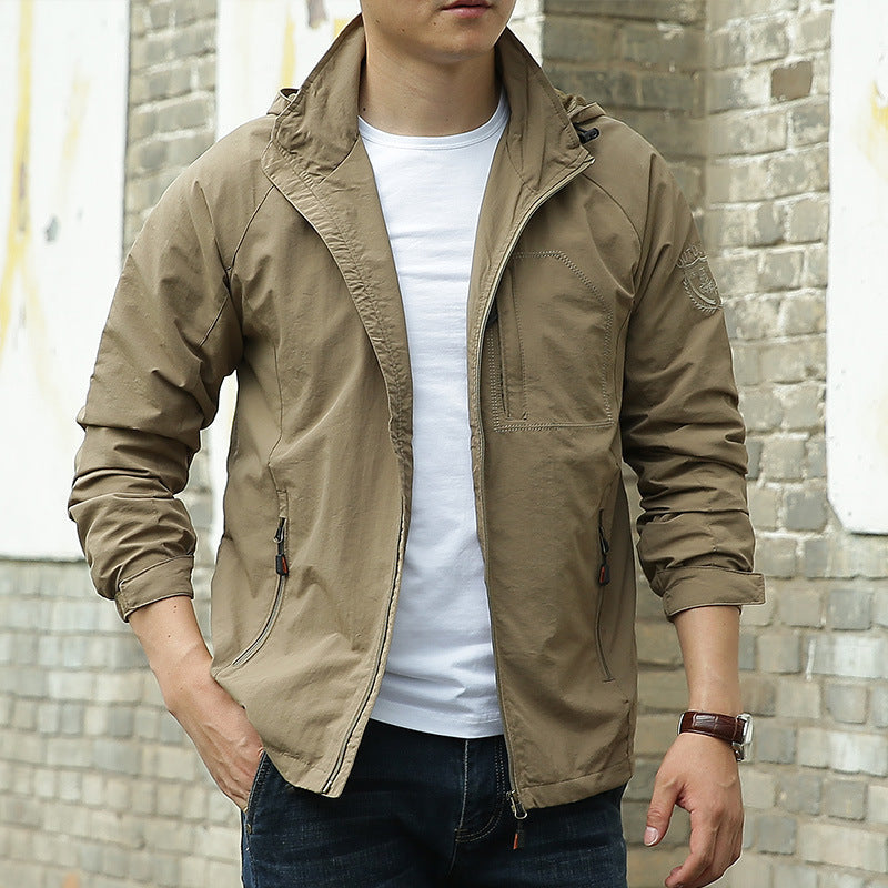 Men's Fashion Solid Color Single Outdoor Jacket worn by a man in a casual street style setting.