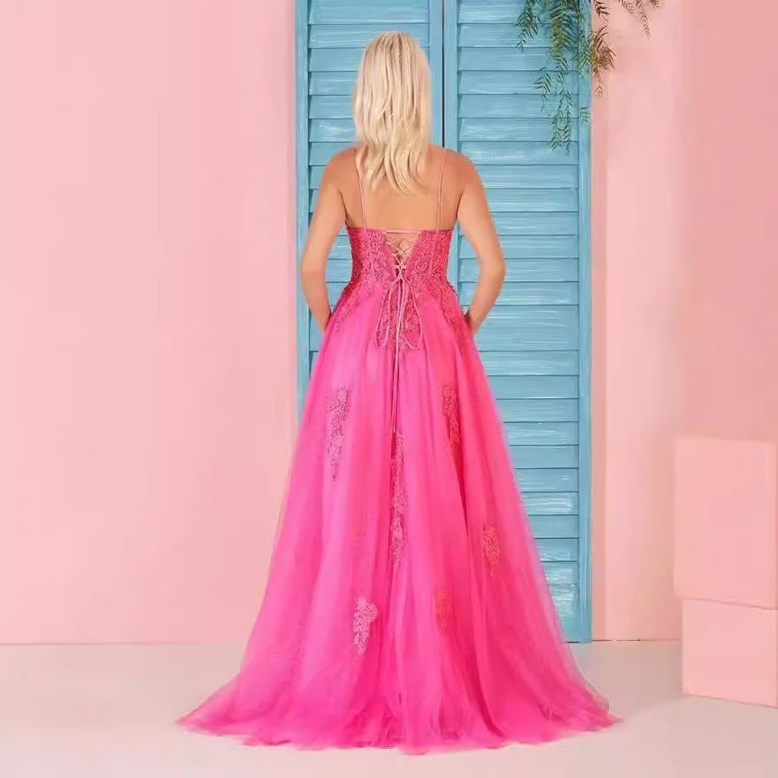 Women's Spaghetti Strap Tulle Long Applique Lace Dress With Long Dress