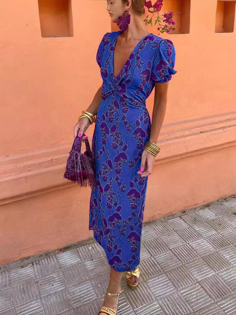 Summer V-neck Short-sleeved Dress Fashion Flowers Printed Slim Beach Dresses For Women Clothing in blue floral design