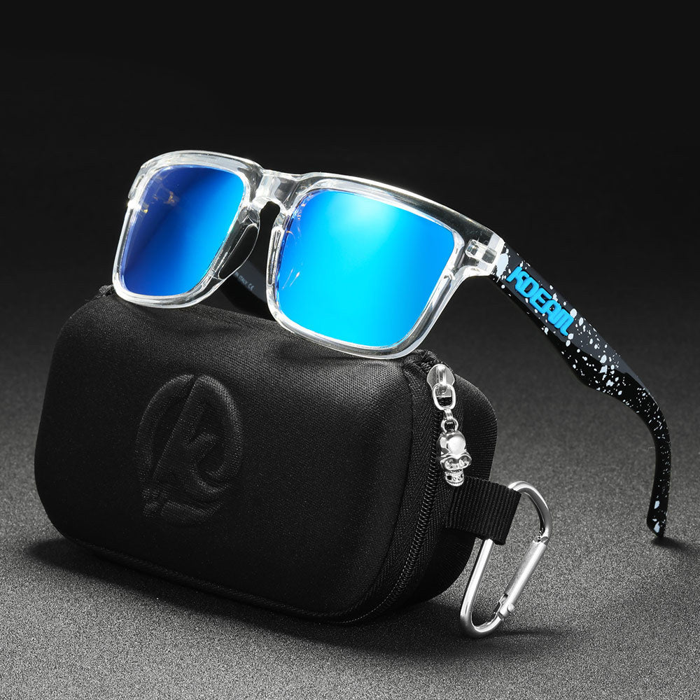 Men And Women Dazzling Color Polarized Sunglasses with blue mirror lenses in a protective case.