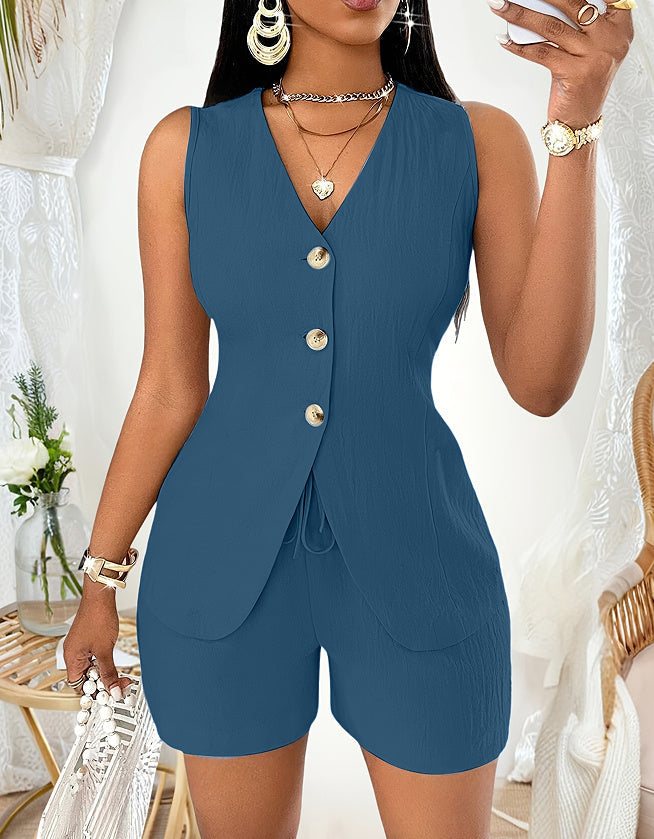 European And American Ladies Fashion Comfort And Casual Open Chest Lace-up Short-sleeved Shirt in blue