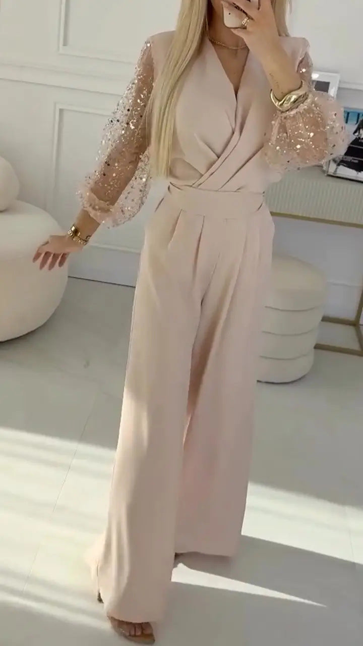 Sequined Top Wide Leg Pants Casual Suit Women in pink with puff sleeves, perfect for fashion jewellery and Christmas events.