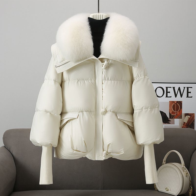 Down Cotton-padded Jacket Women's Short Fur Collar Thickened Coat in stylish white color with cozy design