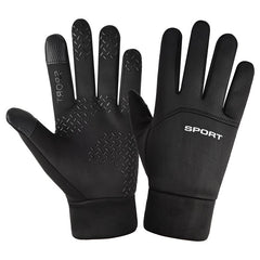 Windproof Waterproof Velvet Warm Waterproof Cycling Non-slip Full Finger Gloves in black with textured grip.