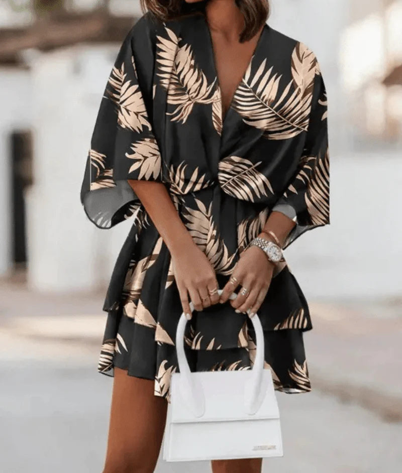 Fashion Print V-Neck Doll Sleeve Loose Cake Dress