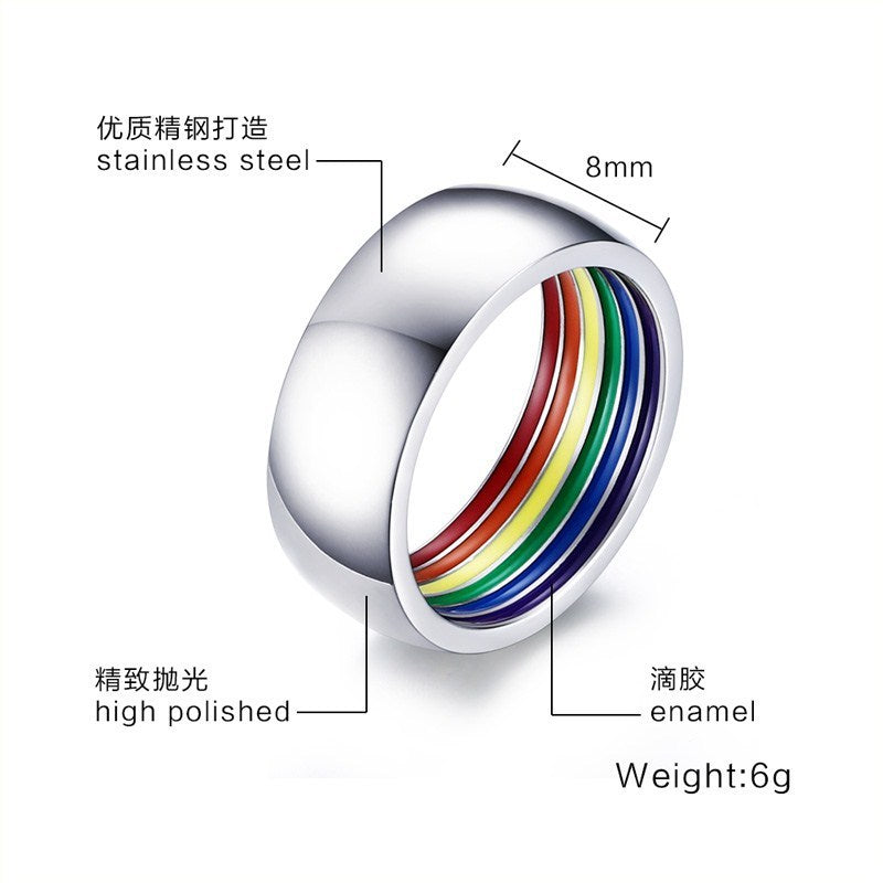 Rainbow Jewelry 8MM Stainless Steel Gay Rainbow Ring