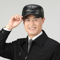 Leather Hat For Men's Warm Flat Top Ear Protection