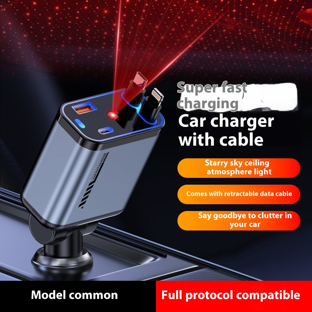 120W Super Fast Charge Star Charger with retractable cable and starry sky light for fast charging on-the-go.