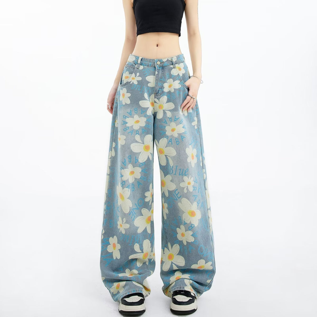 New Summer Printed Floral Wide-leg Washed Jeans For Women, casual style, medium thickness, blue color.