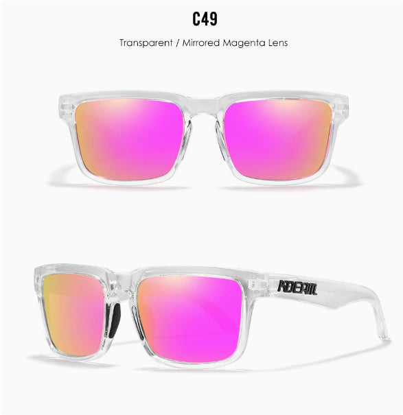 Men And Women Dazzling Color Polarized Sunglasses with transparent and mirrored magenta lens design.