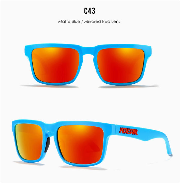 Men And Women Dazzling Color Polarized Sunglasses in matte blue with mirrored red lens, stylish and UV protective.