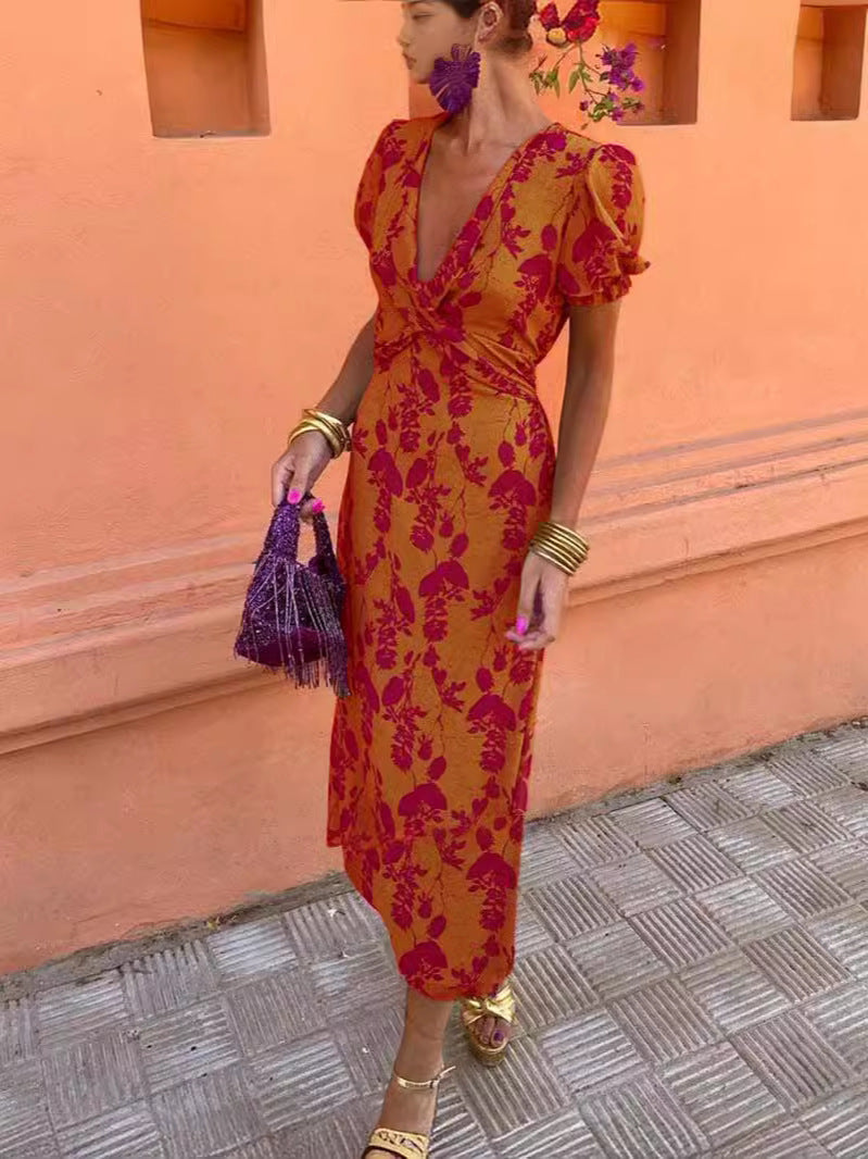 Summer V-neck Short-sleeved Dress Fashion Flowers Printed Slim Beach Dresses For Women Clothing in vibrant colors and floral print.
