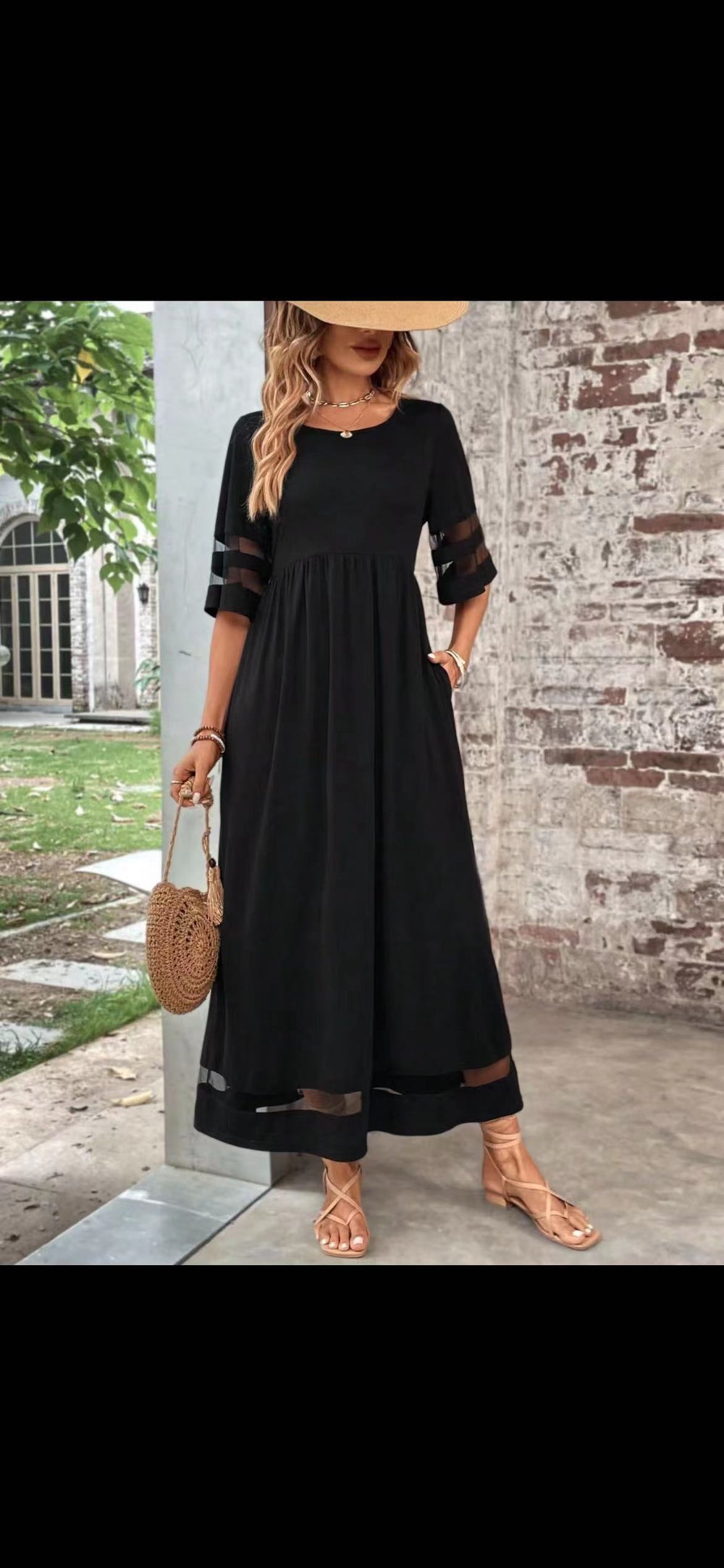 New Hot Sale Five-quarter Sleeve Mesh Patchwork Round Neck Pocket Dress in black, perfect for fashion jewellery and Christmas.