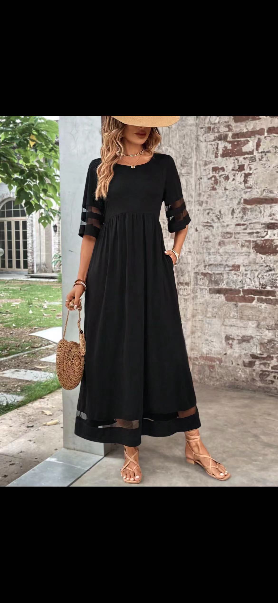 New Hot Sale Five-quarter Sleeve Mesh Patchwork Round Neck Pocket Dress in black, perfect for fashion jewellery and Christmas.