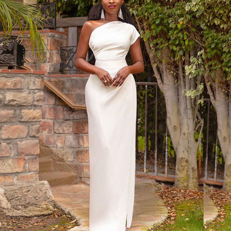 Women's One-shoulder High Waist Front Slit Temperament Dress in white, showcasing elegant style and high fashion.