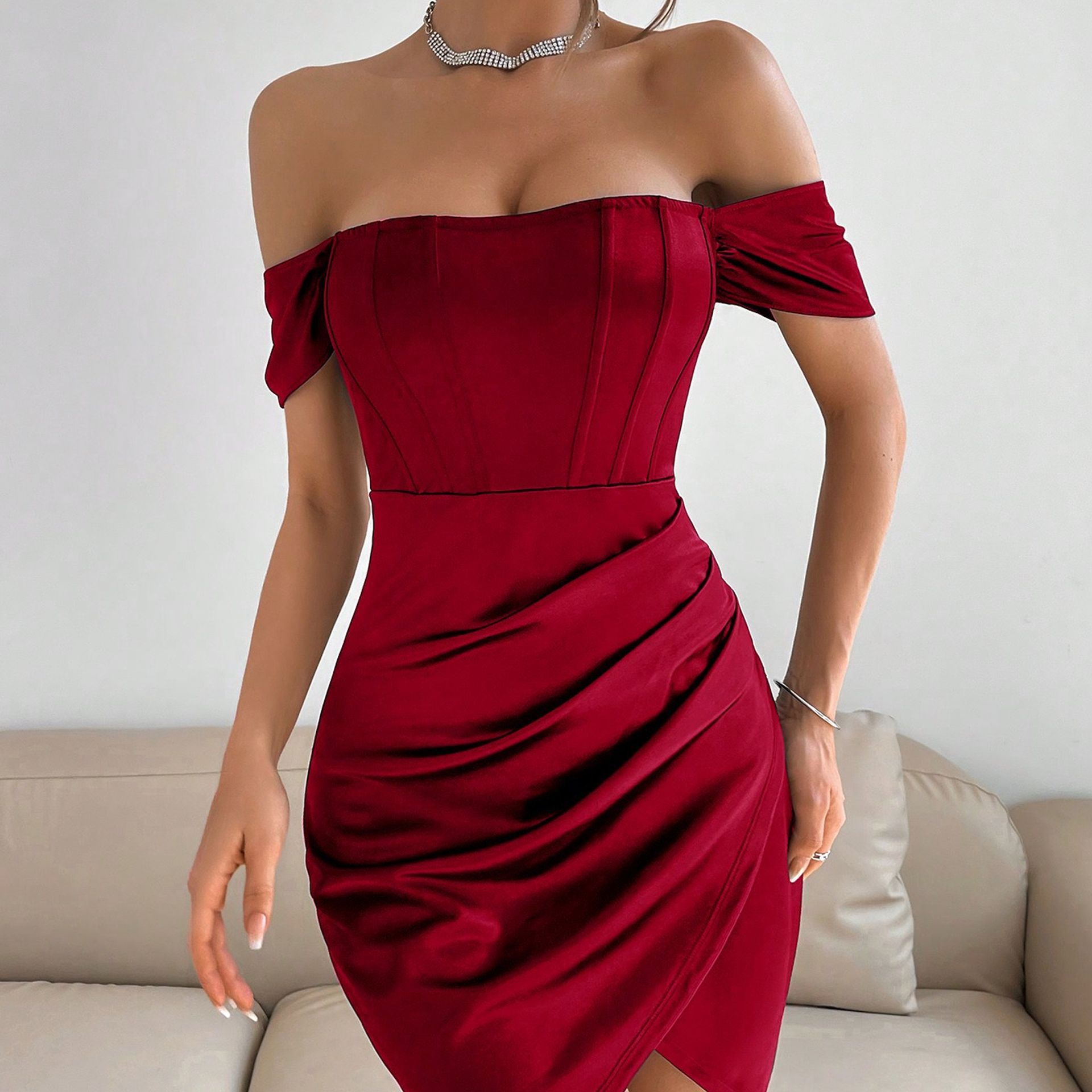 Off-shoulder Collar Spring Women's Mid-length Dress in dark red, styled with fashion jewellery for a chic look.