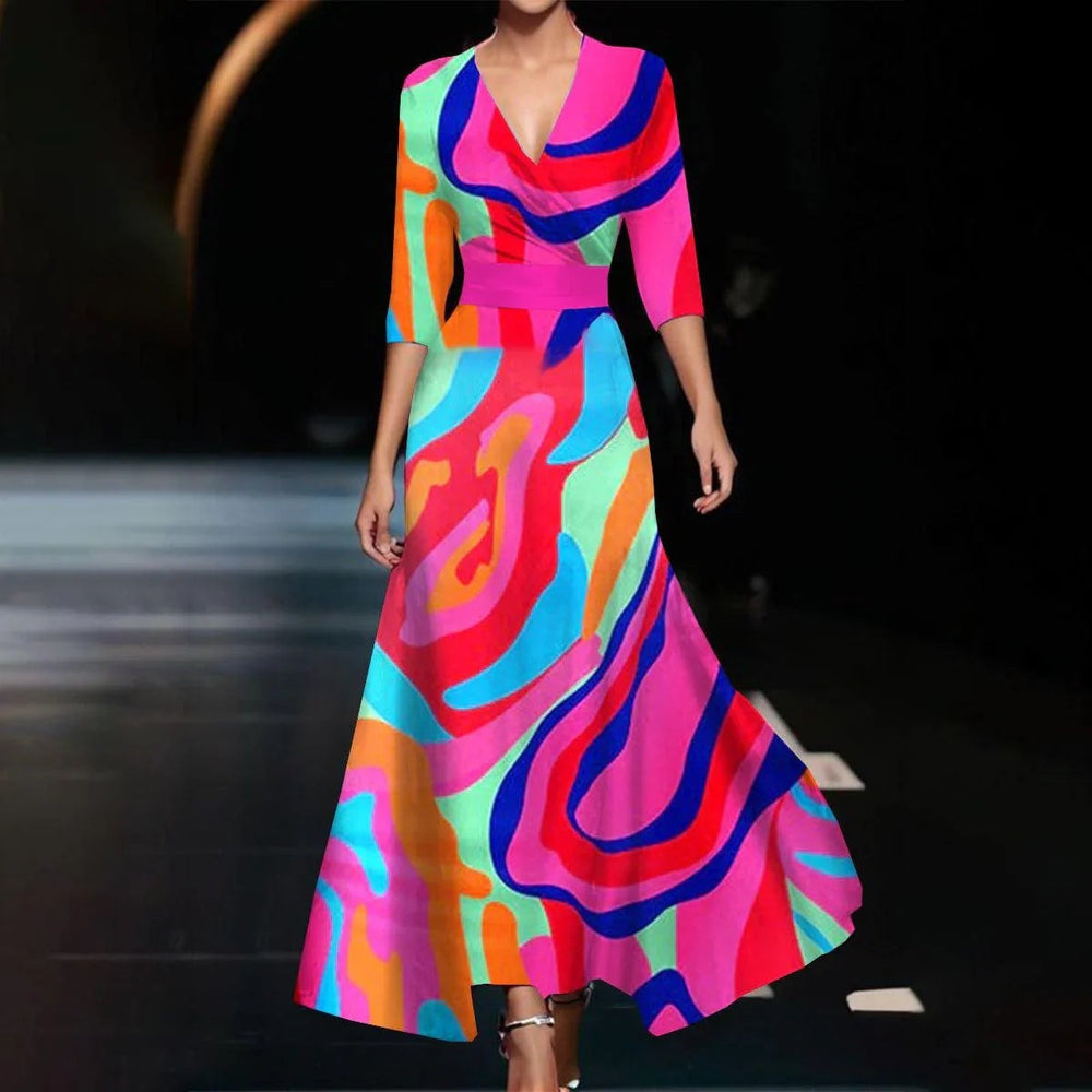 Cross V-neck 34 Sleeve Length Dress in colorful abstract pattern, featuring high waist and A-line skirt style.