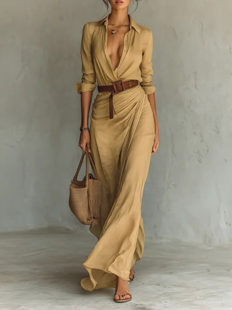 Irregular Long Dress With Belt Fashion And Elegant Button Lapel Long-sleeved Shirt For Women in khaki color, stylish design.