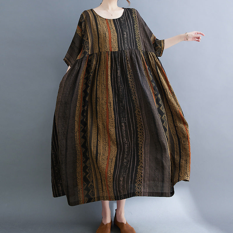 Round Neck Short Sleeve Swing Stripe Dress