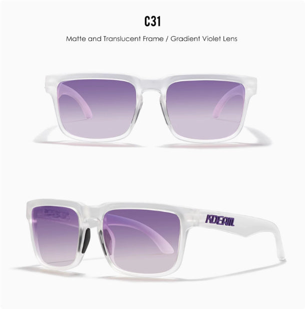 Men And Women Dazzling Color Polarized Sunglasses with matte translucent frame and gradient violet lens.