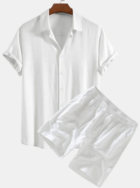 Men's Solid Color Casual Short-sleeved Shirt Shorts Suit in white, stylish and comfortable for young and casual looks.