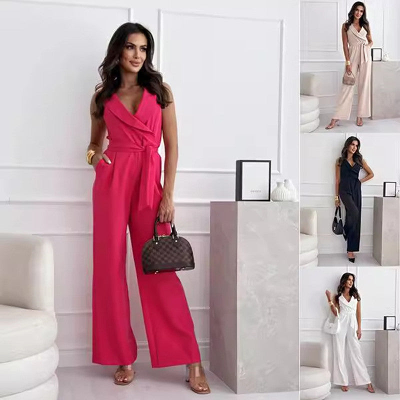 V-neck Sleeveless Jumpsuit With Belt Design Summer Fashion Trousers Women's Clothing in vibrant colors