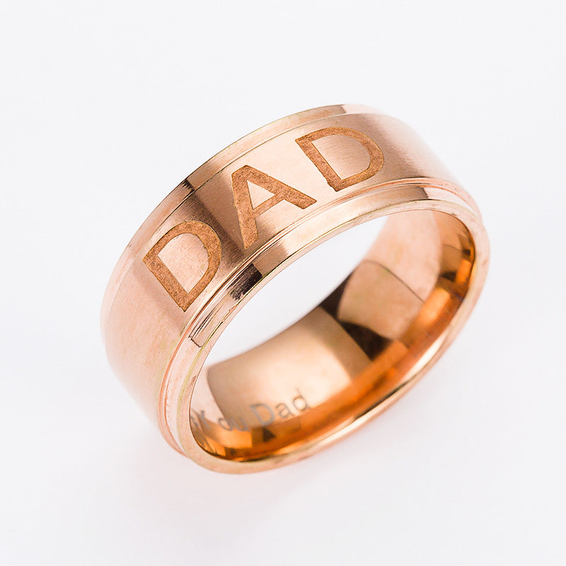Monogram ring titanium steel ring featuring engraved 'DAD' in a sleek rose gold finish.
