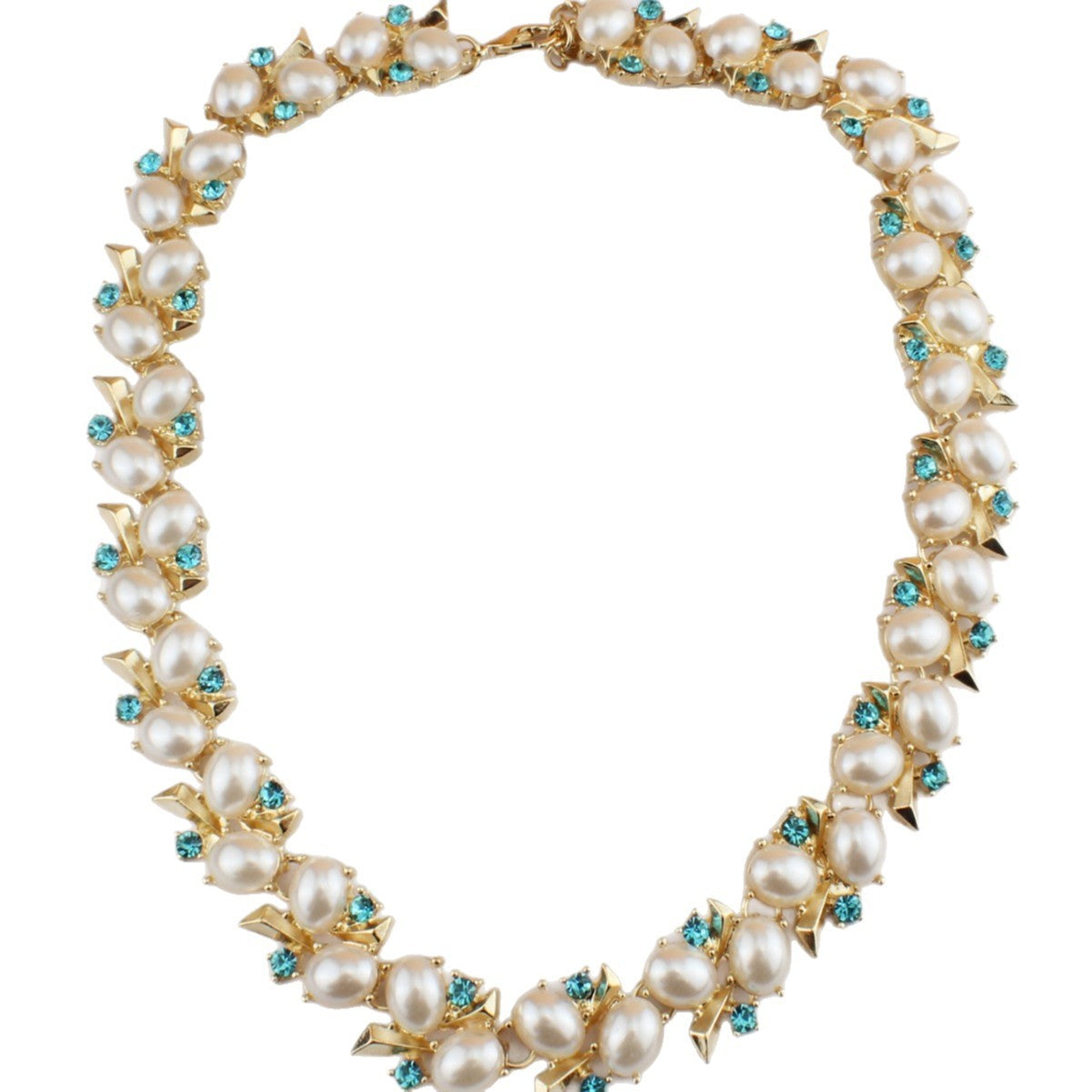 Turquoise Pearl Necklace And Earrings Suite featuring rhinestones and a geometric design, perfect for fashion jewellery.