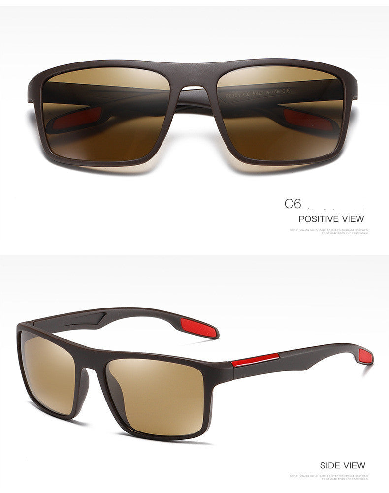 Polarized sunglasses men driving sunglasses outdoor sports glasses in positive and side view, showcasing stylish design.