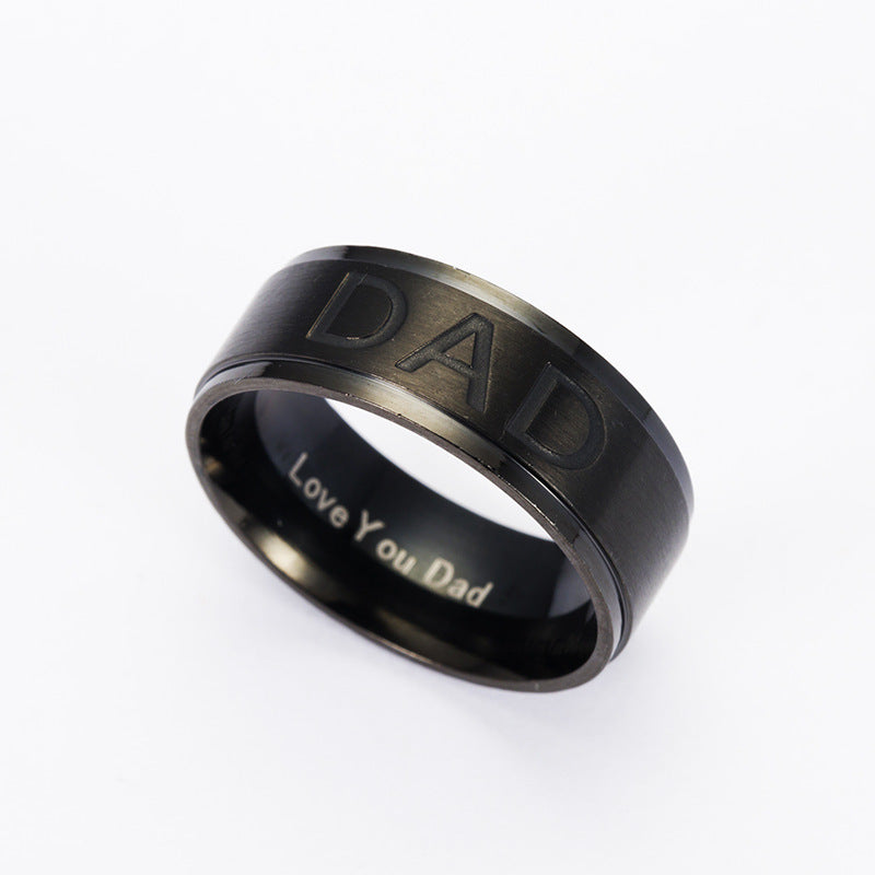 Monogram ring titanium steel ring featuring engraved 'DAD' and 'Love You Dad' messages for Father’s Day gifts.