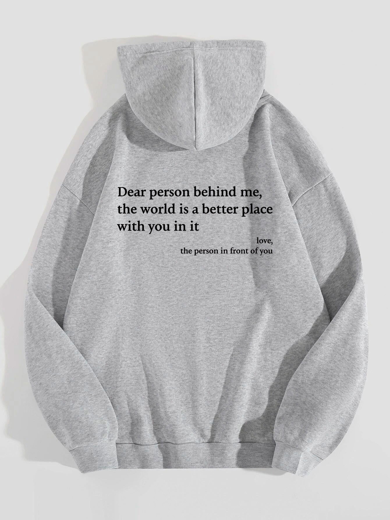 printed hoodie with pockets, gray pullover hoodie featuring inspirational quote on the back.